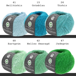 May include: Six balls of Per Fortuna yarn arranged in two rows. The top row features light turquoise, blue-green, and turquoise. The bottom row shows light green, light emerald, and jade green. Each ball has a black label with white text.