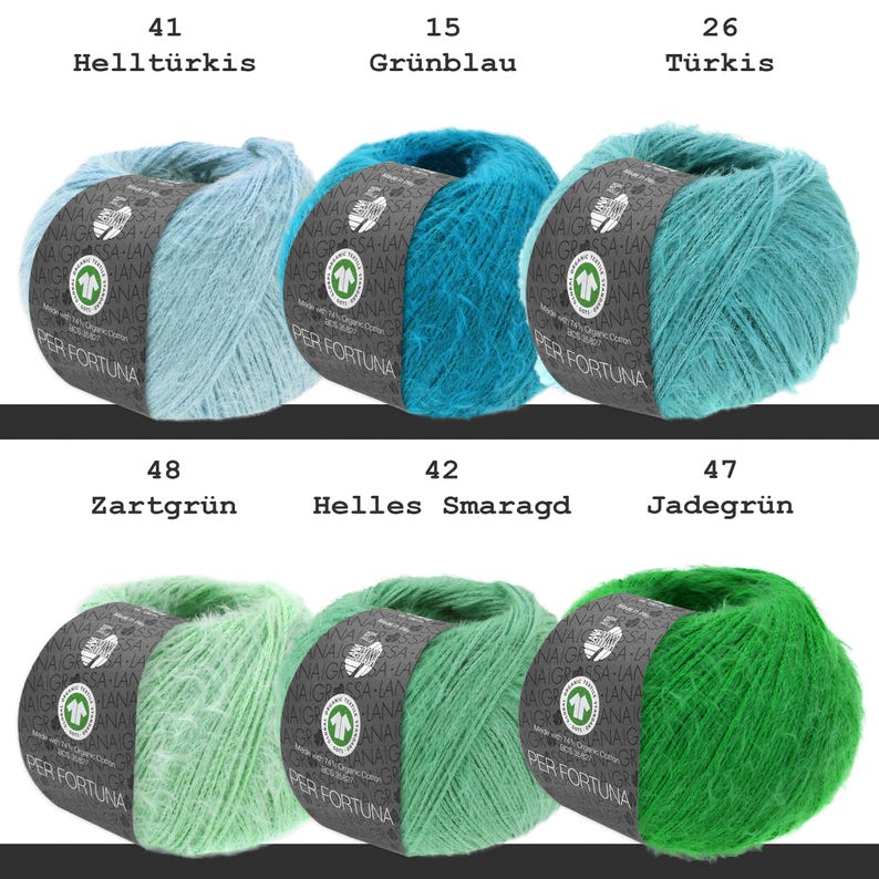 May include: Six balls of Per Fortuna yarn arranged in two rows. The top row features light turquoise, blue-green, and turquoise. The bottom row shows light green, light emerald, and jade green. Each ball has a black label with white text.
