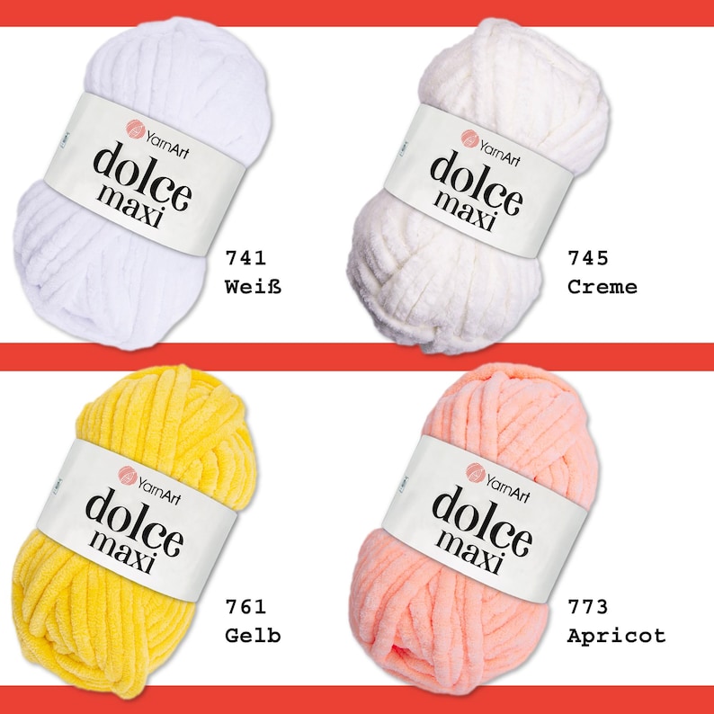 May include: Four balls of yarn in different colors: white, cream, yellow, and peach. Each ball has a label that says "YarnArt dolce maxi" and a number. The numbers are 741, 745, 761, and 773. The colors are labeled as "Wei&szlig;", "Creme", "Gelb", and "Apricot".