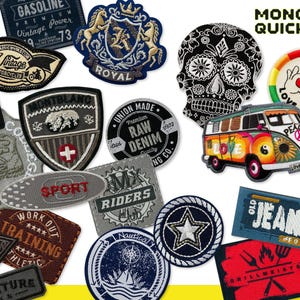 Può includere: Collezione di toppe ricamate con vari disegni. Include toppe con testi come "Vintage Motorcycles", "Sport" e "Work Out Training". Altre toppe presentano un teschio, un furgone VW con la scritta "Love Bus" e un tema nautico.