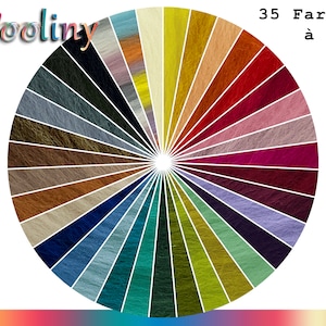 Puede incluir: Una rueda de colores con 35 tonos diferentes de lana, cada muestra es de 3 gramos. La rueda está etiquetada "Wooliny" y "35 Farben à 3 g".