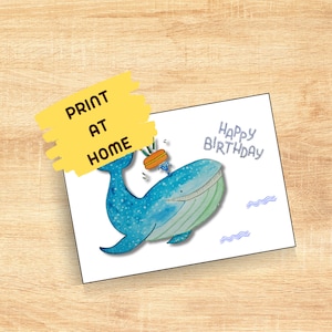 Printable Birthday Card Whale - Happy Birthday whale - Printable birthday card whale - Birthday card watercolor