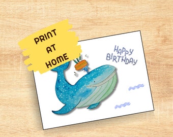 Printable Birthday Card Whale - Happy Birthday whale - Druckbare Geburtstagskarte Wal - Geburtstagskarte Wasserfarben