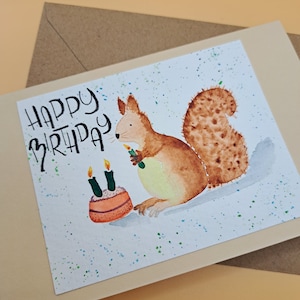 Cartão de aniversário esquilo aquarelas - cartão artesanal esquilo - cartão de feliz aniversário esquilo aquarelas