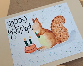 Geburtstagskarte Eichhörnchen Wasserfarben - Handgemachte Karte Eichhörnchen - Happy Birthday Card squirrel  watercolors