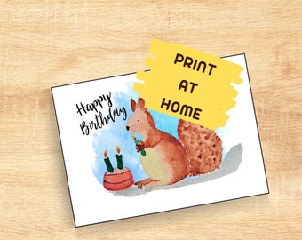 Printable Birthday Card Squirrel - Happy Birthday Squirrel - Druckbare Geburtstagskarte Eichhörnchen - Wasserfarbe Karte - 3 Jahre Karte