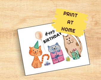 Printable Birthday Card Fun Cats - Happy Birthday Cats - Druckbare Geburtstagskarte Katzen - Karte Wasserfarben