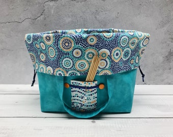 Project bag "Mosaic turquoise" with inner compartments / storage for crochet knitting needles / handicraft utensils / utensil / lighthouse