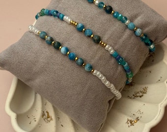 Dainty gemstone bracelet apatite beaded bracelet blue beads elastic