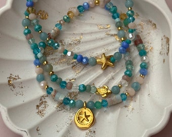 Summer bracelet starfish turtle elastic pearl bracelet blue pearls amazonite gemstone