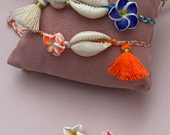 Muschelarmband Flechtarmband Farbauswahl Frühling Sommer Strand Fernweh Kauri Armband Aloha Hippie Frangipani Fusskettchen Fuß Schmuck