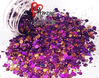 Holographic Purple and Gold Glitter Mix Loose Glitter Chunky Glitter Solvent Resistant Cosmetic Glitter