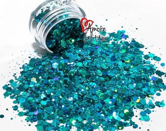 Teal Holographic Glitter Mix Loose Glitter Chunky Glitter Solvent Resistant  Cosmetic Glitter