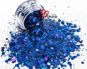 Royal Blue Holographic Glitter Mix Loose Glitter Chunky Glitter Blue Glitter Solvent Resistant  Cosmetic Glitter
