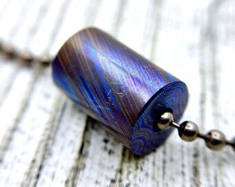 Titanium Damascus Cylinder Pendant:Mokuti Steel,Rainbow Titanium,Zircuti Jewelry on Titanium Chain - Futuristic Elegance for EDC Enthusiasts