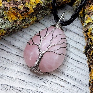 Tree of life Rose quartz necklace, Wire wrapped stone necklace, Healing rose quartz jewelry, Rose quartz pendant image 2