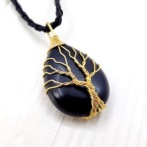 Tree of life obsidian pendant,  Wire wrapped stone necklace, Magic obsidian jewelry, Obsidian pendant, Base chakra necklace
