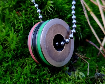 Glowing Green/Red Titanium Pendant with Carbon Fiber Inlay and Bronze Insert On Titanium Chain: Stylish Rave Lovers' Necklace