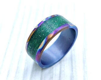 Glowing Green Glitter On Blue Titanium Ring - UV-Luminous Cyberpunk Jewelry. Green VS Blue ring