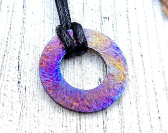 Forged Rainbow Titanium Circle Pendant - Hypoallergenic Brutalist Necklace with Hammered Round Disk Design
