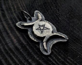 Triple Moon Goddess Sterling Silver Pendant, Pentagram Jewelry