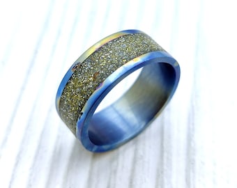 White And Golg Glitters Ring, Blue Titanium Ring - A Dazzling Spectrum of Elegance in this Rainbow Titanium Ring