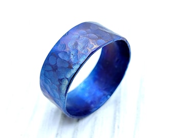 Hammered Blue Titanium Ring - Hypoallergenic and Forged Titanium Jewelry Ring. Rustic titanium ring. Brutalist ring. Hammered ring