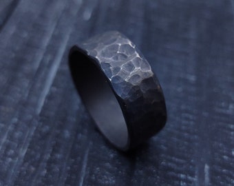Hammered Black Titanium Ring - Hypoallergenic and Forged Titanium Jewelry Ring. Rustic titanium ring. Brutalist ring