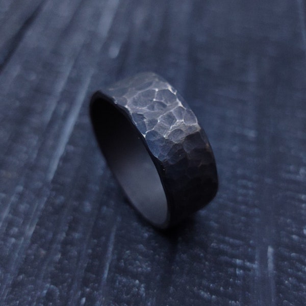 Hammered Black Titanium Ring - Hypoallergenic and Forged Titanium Jewelry Ring. Rustic titanium ring. Brutalist ring