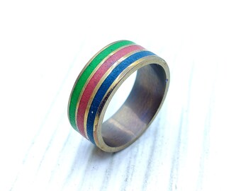 Glowing Green, Blue, and Red Titanium Ring - UV-Luminous Cyberpunk Jewelry: Illuminate Your Style