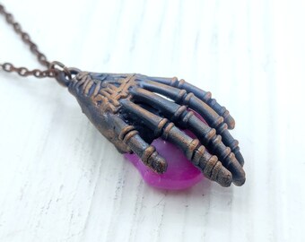 Halloween Skeleton Hand Agate Pendant Necklace, Creepy Gothic Jewelry