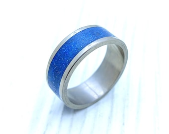 Glowing Blue Sparkles Titanium Ring - UV-Luminous Cyberpunk Jewelry for a Hypoallergenic Statement Piece