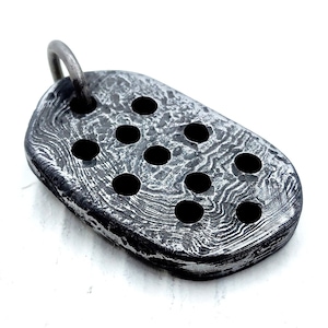 Rustic damascus steel pendant 11 holes, damascus pendant, damascus keychain, hand forged damascus, damascus jewelry, mixed metal necklace