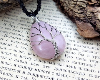 Tree of life Rose quartz necklace,  Wire wrapped stone necklace, Healing rose quartz jewelry, Rose quartz pendant