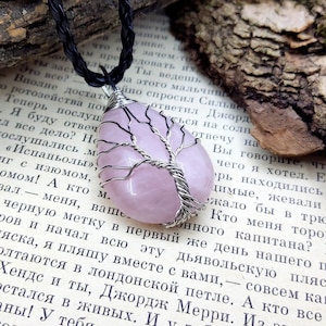 Tree of life Rose quartz necklace, Wire wrapped stone necklace, Healing rose quartz jewelry, Rose quartz pendant image 1