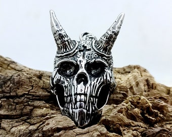 Horned Human Skull with Cross Forehead Halloween Necklace - A Spooky and Unique Gothic Jewelry Piece