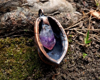 Walnut Locket Necklace, Rough Amethyst, Copper Electroplated
