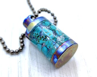 Genuine turquoise in Titanium capsule pendant with titanium chain, Hypoallergenic jewelry, Titanium jewelry, Real Turquoise necklace