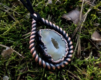 Copper Plated Quartz Geode Slice Necklace, Handmade Agate Pendant