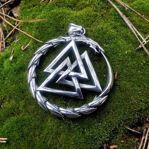 Valknut Pendant in Ouroboros Circle -  Pagan and Norse Mythology Inspired Jewelry