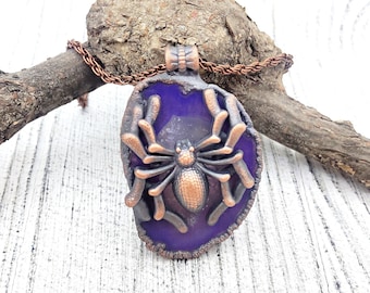 Collar de araña con rodajas de ágata, colgante gótico de tarántula de cobre.