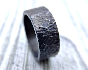 Heavily Distressed Grey Titanium Ring - Hypoallergenic and Forged Titanium Jewelry Ring. Rustic titanium ring. Hammered Brutalist ring