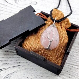 Tree of life Rose quartz necklace, Wire wrapped stone necklace, Healing rose quartz jewelry, Rose quartz pendant image 3