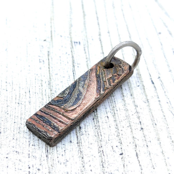 Brutalist Mokume Gane Bar Pendant - Authentic Woodgrain Metal Jewelry with Real Mokume Gane Technique, Vertical Bar Design, and Mixed Metal