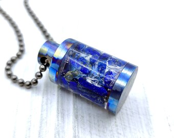 Genuine lapis lazuli in Titanium capsule pendant with titanium chain, Hypoallergenic jewelry, Titanium jewelry, Real lapis lazuli necklace