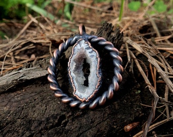 Mini Agate Geode Slice Necklace, Copper Fantasy Quartz Pendant