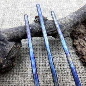 Titanium Hair Stick, Hair bun holder, Forged Hair Pin Accessory, Hammered titanium hair fork, Blue hair sticks image 2