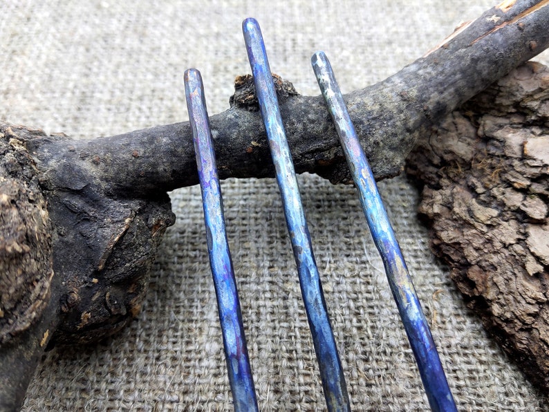 Titanium Hair Stick, Hair bun holder, Forged Hair Pin Accessory, Hammered titanium hair fork, Blue hair sticks image 2