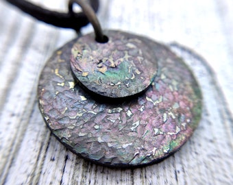 Forged Titanium circles pendant, Tribal Forged titanium circle pendant, Rustic Hammered Round Circle Boho Disk Necklace