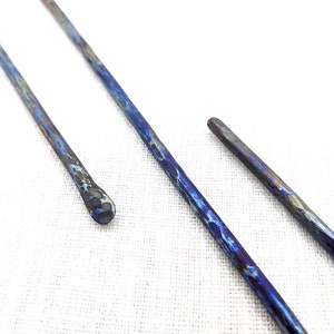 Titanium Hair Stick, Hair bun holder, Forged Hair Pin Accessory, Hammered titanium hair fork, Blue hair sticks image 3